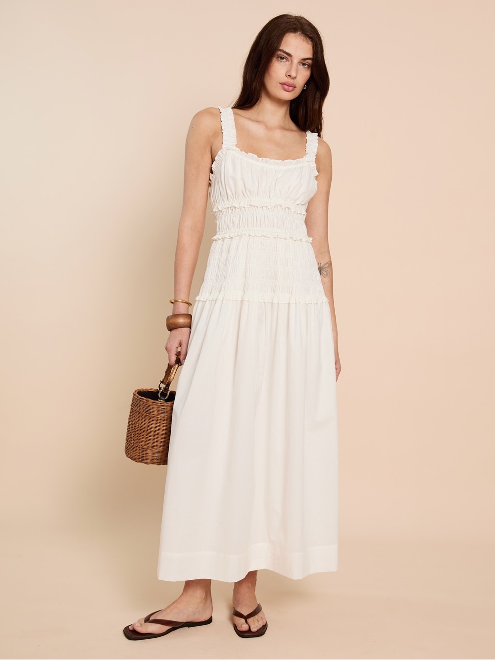 o.p.t. Freya White Smocked Maxi Cotton Dress with Square Neck NWT SZ Sm